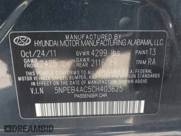 2012 Hyundai Sonata GLS with VIN 5NPEB4AC5CH403625, listed as a IAAI auction lot 43182975 with 48,406 mi miles and . Bid and sale history available at DreamBid. Image 9.