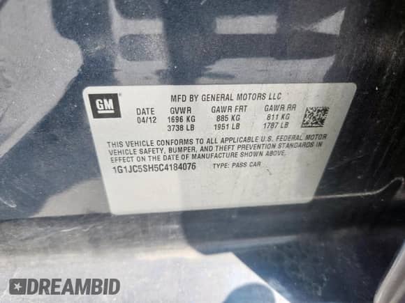 2012 Chevrolet Sonic LT с VIN 1G1JC5SH5C4184076, выставлен на аукционе Copart как лот 70455365 с пробегом 162 853 миль миль и Чистый • Clean title. История ставок и продаж доступна на DreamBid. Изображение 12.