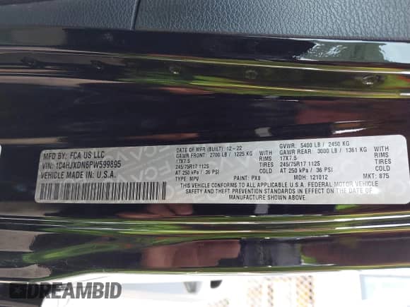 2023 Jeep Wrangler Sport S with VIN 1C4HJXDN6PW599895, listed as a IAAI auction lot 42242107 with 53,980 mi miles and . Bid and sale history available at DreamBid. Image 9.