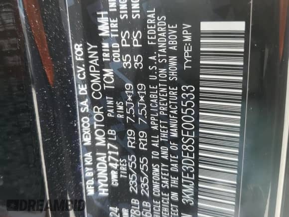 2025 Hyundai Tucson Limited with VIN 3KMJE3DE8SE005533, listed as a Copart auction lot 59690735 with 13,830 mi miles and Salvage title. Bid and sale history available at DreamBid. Image 12.