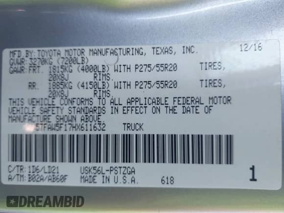 2017 Toyota Tundra Platinum с VIN 5TFAW5F17HX611632, выставлен на аукционе IAAI как лот 43464674 с пробегом 178 328 миль миль и . История ставок и продаж доступна на DreamBid. Изображение 9.