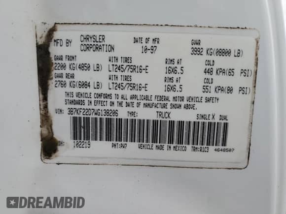 1998 Dodge 2500 с VIN 3B7KF22D7WG138206, выставлен на аукционе Copart как лот 53313395 с пробегом 333 521 миль миль и Списание • Salvage title. История ставок и продаж доступна на DreamBid. Изображение 12.