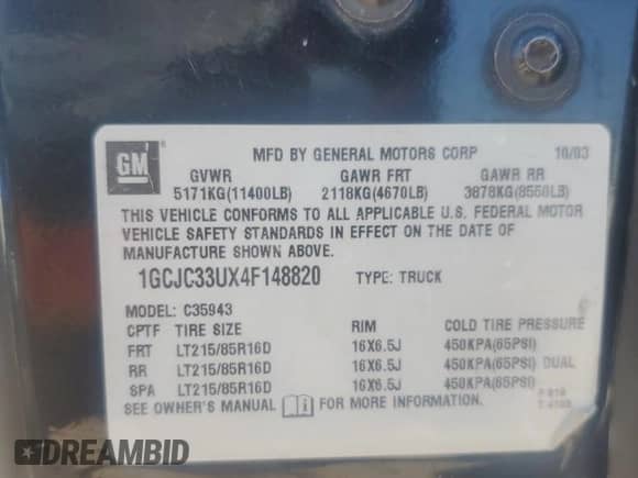 2004 Chevrolet Silverado 3500 с VIN 1GCJC33UX4F148820, выставлен на аукционе Copart как лот 62962265 с пробегом Не указан миль и Списание • Salvage title. История ставок и продаж доступна на DreamBid. Изображение 12.