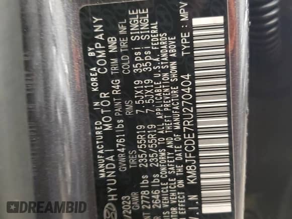 2024 Hyundai Tucson XRT with VIN KM8JFCDE7RU270404, listed as a Copart auction lot 54417135 with 7,127 mi miles and Salvage title. Bid and sale history available at DreamBid. Image 13.