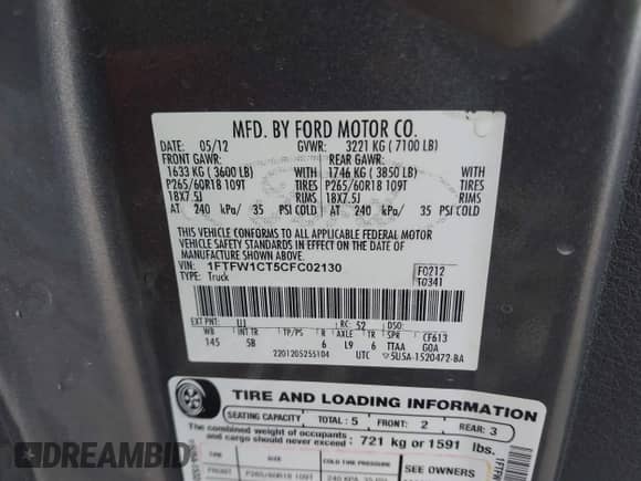 2012 Ford F-150 XL z VIN 1FTFW1CT5CFC02130, wystawiony jako IAAI lot #43296285 z przebiegiem 179 275 mil mil oraz . Historia ofert i sprzedaży dostępna na DreamBid. Obrazek 9.