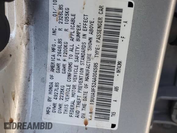2010 Acura TL Technology с VIN 19UUA9F52AA004585, выставлен на аукционе Copart как лот 84956934 с пробегом Не указан миль и Списание • Salvage title. История ставок и продаж доступна на DreamBid. Изображение 12.