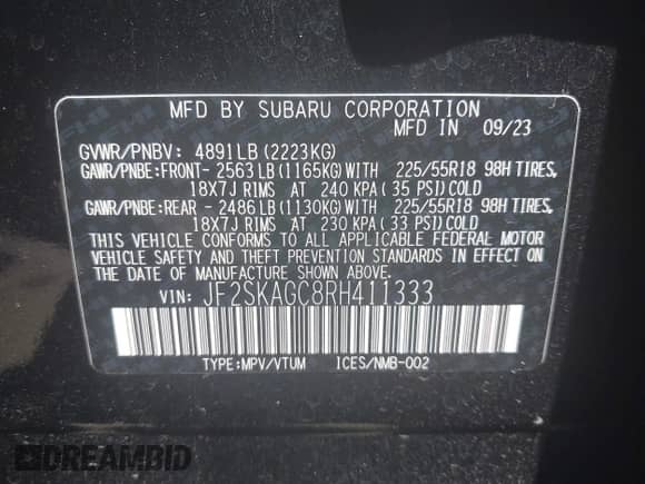 2024 Subaru Forester Special Sports z VIN JF2SKAGC8RH411333, wystawiony jako IAAI lot #43022388 z przebiegiem 15 887 mil mil oraz . Historia ofert i sprzedaży dostępna na DreamBid. Obrazek 9.