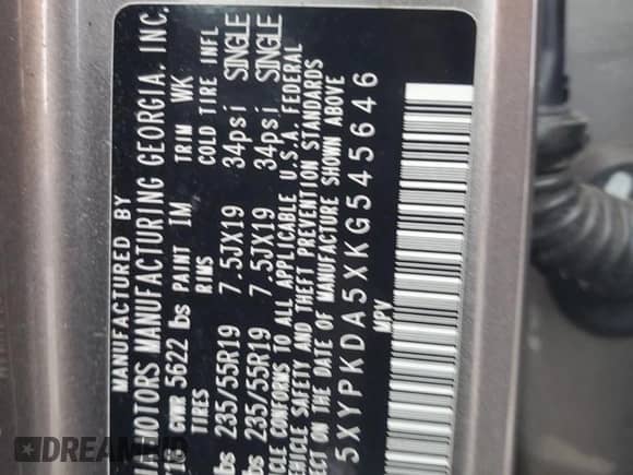 2019 Kia Sorento SX with VIN 5XYPKDA5XKG545646, listed as a Copart auction lot 86575444 with Not provided miles and Salvage title. Bid and sale history available at DreamBid. Image 13.