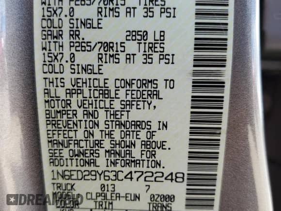 2003 Nissan Frontier XE with VIN 1N6ED29Y63C472248, listed as a Copart auction lot 60445805 with 133,936 mi miles and Non repairable. Bid and sale history available at DreamBid. Image 12.