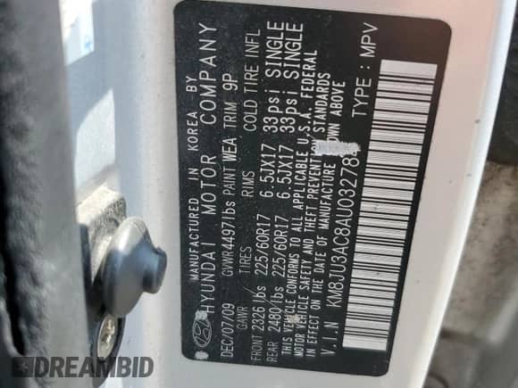 2010 Hyundai Tucson GLS с VIN KM8JU3AC8AU032784, выставлен на аукционе Copart как лот 69032415 с пробегом 246 948 миль миль и Чистый • Clean title. История ставок и продаж доступна на DreamBid. Изображение 13.