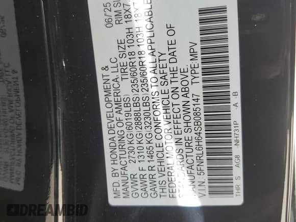 2025 Honda Odyssey EX-L с VIN 5FNRL6H64SB085147, выставлен на аукционе Copart как лот 84454635 с пробегом 4 689 миль миль и Чистый • Clean title. История ставок и продаж доступна на DreamBid. Изображение 13.