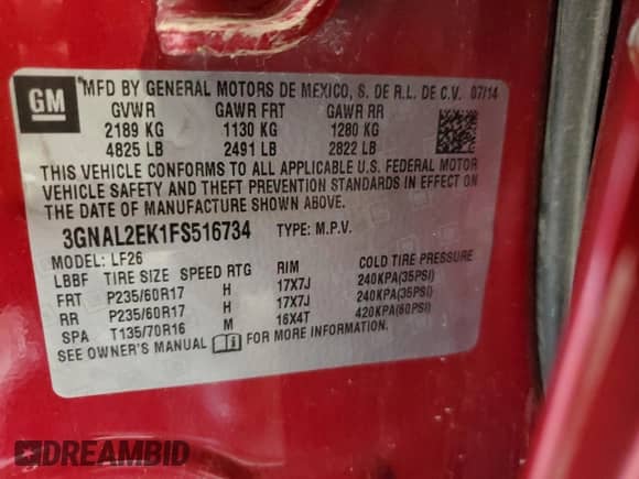 2015 Chevrolet Captiva Sport LS with VIN 3GNAL2EK1FS516734, listed as a Copart auction lot 69235195 with 39,785 mi miles and Salvage title. Bid and sale history available at DreamBid. Image 13.