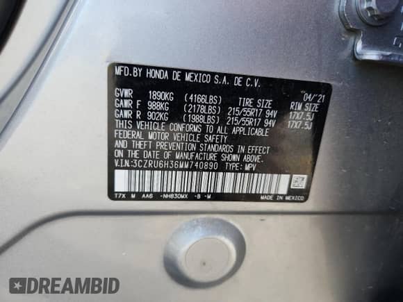 2021 Honda HR-V LX с VIN 3CZRU6H36MM740890, выставлен на аукционе Copart как лот 67336635 с пробегом Не указан миль и Списание • Salvage title. История ставок и продаж доступна на DreamBid. Изображение 12.