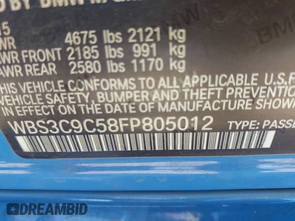 2015 BMW M3 with VIN WBS3C9C58FP805012, listed as a IAAI auction lot 42375769 with 140,162 mi miles and . Bid and sale history available at DreamBid. Image 9.