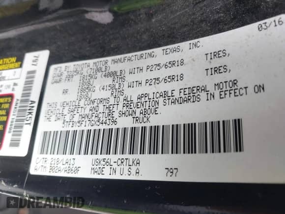 2016 Toyota Tundra Limited z VIN 5TFBY5F17GX544396, wystawiony jako IAAI lot #42294322 z przebiegiem 185 480 mil mil oraz . Historia ofert i sprzedaży dostępna na DreamBid. Obrazek 9.