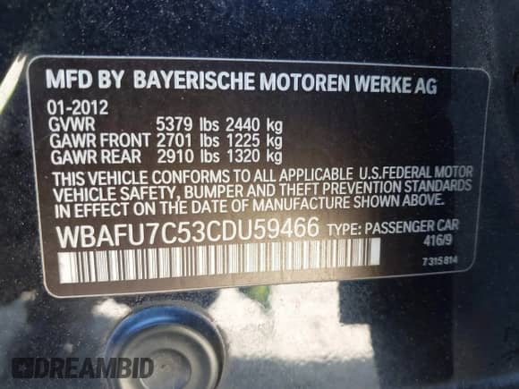 2012 BMW 5 Series 535i xDrive с VIN WBAFU7C53CDU59466, выставлен на аукционе IAAI как лот 43124674 с пробегом 143 436 миль миль и . История ставок и продаж доступна на DreamBid. Изображение 9.