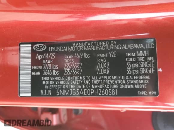 2023 Hyundai Tucson SEL with VIN 5NMJB3AE0PH260581, listed as a Copart auction lot 87185485 with 29,916 mi miles and Salvage title. Bid and sale history available at DreamBid. Image 13.