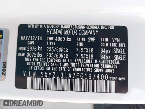 2014 Hyundai Santa Fe с VIN 5XYZU3LA7EG197400, выставлен на аукционе IAAI как лот 43007590 с пробегом 157 365 миль миль и . История ставок и продаж доступна на DreamBid. Изображение 9.
