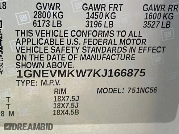 2019 Chevrolet Traverse LT Cloth with VIN 1GNEVMKW7KJ166875, listed as a Copart auction lot 68889035 with 35,180 mi miles and Clean title. Bid and sale history available at DreamBid. Image 10.