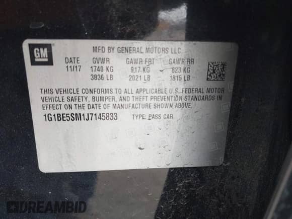 2018 Chevrolet Cruze LT with VIN 1G1BE5SM1J7145833, listed as a IAAI auction lot 43438280 with 138,830 mi miles and . Bid and sale history available at DreamBid. Image 9.