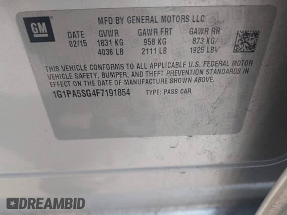 2015 Chevrolet Cruze LS with VIN 1G1PA5SG4F7191854, listed as a IAAI auction lot 42942106 with 56,813 mi miles and . Bid and sale history available at DreamBid. Image 9.