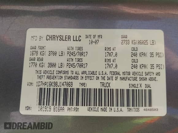 2008 Dodge 1500 ST с VIN 1D7HA16K98J147069, выставлен на аукционе IAAI как лот 43027079 с пробегом 148 954 миль миль и . История ставок и продаж доступна на DreamBid. Изображение 9.