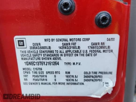 2000 Chevrolet Tahoe LS с VIN 1GNEC13T6YJ161264, выставлен на аукционе Copart как лот 64282905 с пробегом 243 853 миль миль и Списание • Salvage title. История ставок и продаж доступна на DreamBid. Изображение 13.