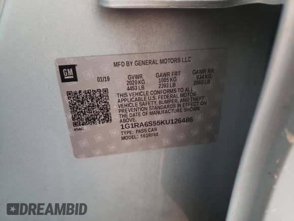 2019 Chevrolet Volt LT с VIN 1G1RA6S55KU126486, выставлен на аукционе Copart как лот 37164913 с пробегом Не указан миль и . История ставок и продаж доступна на DreamBid. Изображение 13.