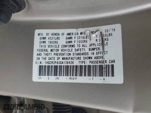 2016 Honda Accord EX-L with VIN 1HGCR2F80GA136436, listed as a IAAI auction lot 43170618 with 83,016 mi miles and . Bid and sale history available at DreamBid. Image 9.