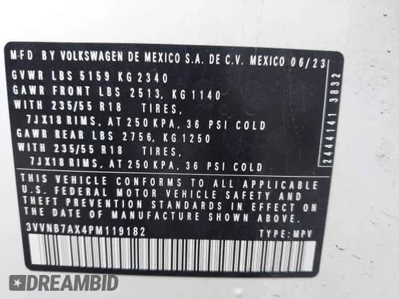 2023 Volkswagen Tiguan SE с VIN 3VVNB7AX4PM119182, выставлен на аукционе IAAI как лот 43230800 с пробегом 32 669 миль миль и . История ставок и продаж доступна на DreamBid. Изображение 9.