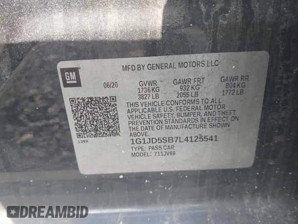 2020 Chevrolet Sonic LT with VIN 1G1JD5SB7L4125541, listed as a IAAI auction lot 42312673 with 69,182 mi miles and . Bid and sale history available at DreamBid. Image 9.
