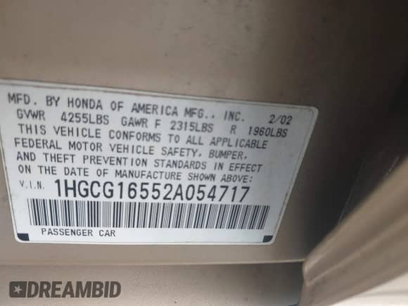 2002 Honda Accord EX with VIN 1HGCG16552A054717, listed as a IAAI auction lot 43300453 with 208,960 mi miles and . Bid and sale history available at DreamBid. Image 9.