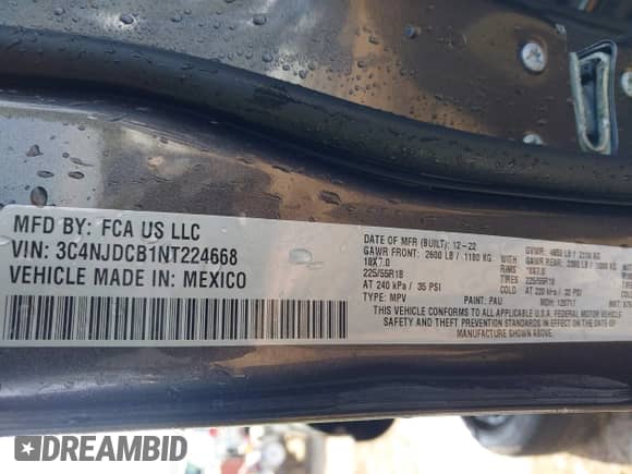 2022 Jeep Compass Limited с VIN 3C4NJDCB1NT224668, выставлен на аукционе IAAI как лот 43204616 с пробегом 53 996 миль миль и . История ставок и продаж доступна на DreamBid. Изображение 9.
