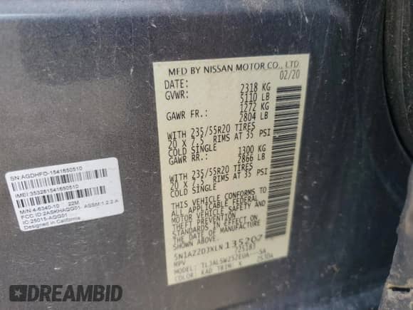 2020 Nissan Murano Platinum с VIN 5N1AZ2DJXLN135207, выставлен на аукционе Copart как лот 63255345 с пробегом 77 290 миль миль и Списание • Salvage title. История ставок и продаж доступна на DreamBid. Изображение 14.