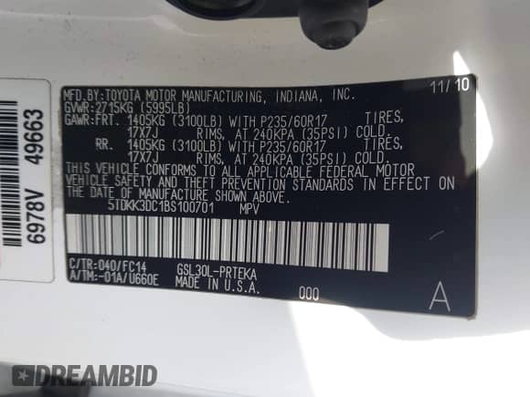 2011 Toyota Sienna LE AAS with VIN 5TDKK3DC1BS100701, listed as a IAAI auction lot 43453409 with 257,177 mi miles and . Bid and sale history available at DreamBid. Image 9.