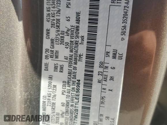 2020 Ford F-250 XL с VIN 1FT7W2BT1LEE56984, выставлен на аукционе Copart как лот 84444695 с пробегом 179 005 миль миль и Списание • Salvage title. История ставок и продаж доступна на DreamBid. Изображение 12.