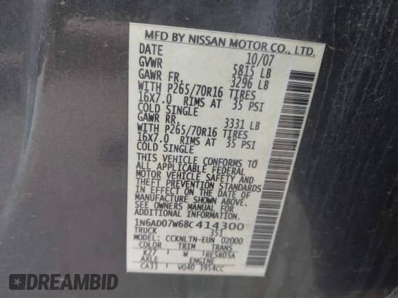 2008 Nissan Frontier SE with VIN 1N6AD07W68C414300, listed as a IAAI auction lot 41876645 with 75,411 mi miles and . Bid and sale history available at DreamBid. Image 9.