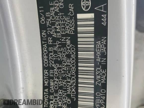 2011 Toyota Prius I z VIN JTDKN3DUXB0308207, wystawiony jako Copart lot #85013555 z przebiegiem Nie podano mil oraz Czysty tytuł • Clean title. Historia ofert i sprzedaży dostępna na DreamBid. Obrazek 12.