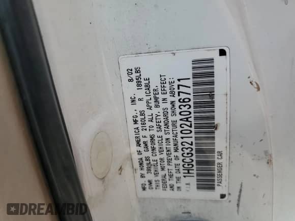 2002 Honda Accord z VIN 1HGCG32102A036771, wystawiony jako Copart lot #73122634 z przebiegiem 266 243 mil mil oraz Szkoda całkowita • Salvage title. Historia ofert i sprzedaży dostępna na DreamBid. Obrazek 12.