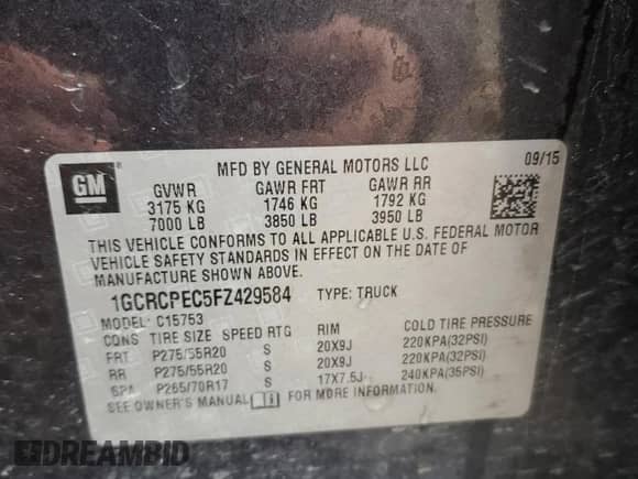 2015 Chevrolet Silverado 1500 Work Truck with VIN 1GCRCPEC5FZ429584, listed as a Copart auction lot 57485365 with 100,671 mi miles and Salvage title. Bid and sale history available at DreamBid. Image 13.