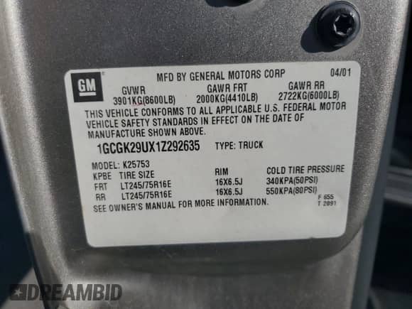 2001 Chevrolet Silverado 2500 с VIN 1GCGK29UX1Z292635, выставлен на аукционе Copart как лот 81832065 с пробегом 263 518 миль миль и Списание • Salvage title. История ставок и продаж доступна на DreamBid. Изображение 12.