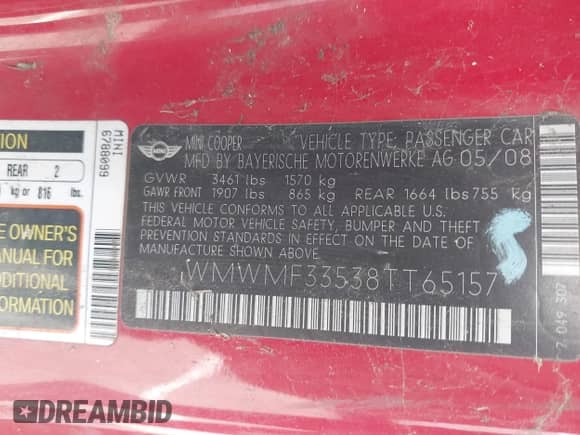 2008 MINI Hardtop with VIN WMWMF33538TT65157, listed as a IAAI auction lot 42587798 with 128,795 mi miles and . Bid and sale history available at DreamBid. Image 9.