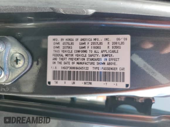 2009 Honda Accord EX-L with VIN 1HGCP36869A045122, listed as a Copart auction lot 66465055 with 115,049 mi miles and Salvage title. Bid and sale history available at DreamBid. Image 13.