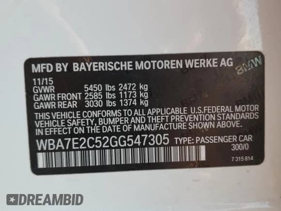 2016 BMW 7 Series 740i с VIN WBA7E2C52GG547305, выставлен на аукционе Copart как лот 80148255 с пробегом 99 952 миль миль и Чистый • Clean title. История ставок и продаж доступна на DreamBid. Изображение 12.