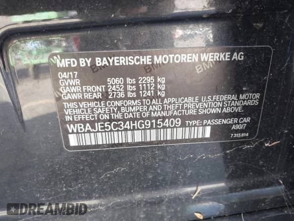 2017 BMW 5 Series 540i with VIN WBAJE5C34HG915409, listed as a IAAI auction lot 43583967 with 69,713 mi miles and . Bid and sale history available at DreamBid. Image 9.