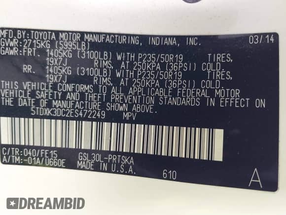 2014 Toyota Sienna SE with VIN 5TDXK3DC2ES472249, listed as a IAAI auction lot 41402101 with Not provided miles and . Bid and sale history available at DreamBid. Image 9.