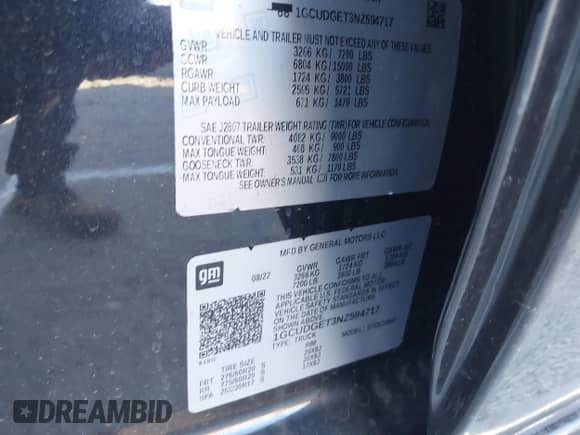 2022 Chevrolet Silverado 1500 LTZ with VIN 1GCUDGET3NZ594717, listed as a IAAI auction lot 41338315 with Not provided miles and . Bid and sale history available at DreamBid. Image 9.