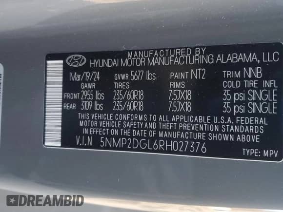 2024 Hyundai Santa Fe SEL с VIN 5NMP2DGL6RH027376, выставлен на аукционе Copart как лот 87503005 с пробегом 9 789 миль миль и Чистый • Clean title. История ставок и продаж доступна на DreamBid. Изображение 14.