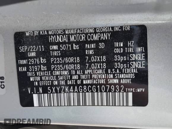 2012 Hyundai Santa Fe Limited with VIN 5XYZK4AG8CG107932, listed as a IAAI auction lot 42445878 with 185,237 mi miles and . Bid and sale history available at DreamBid. Image 9.