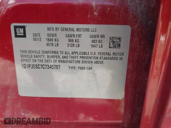 2012 Chevrolet Cruze ECO with VIN 1G1PJ5SC7C7345787, listed as a IAAI auction lot 43521458 with 196,175 mi miles and . Bid and sale history available at DreamBid. Image 9.